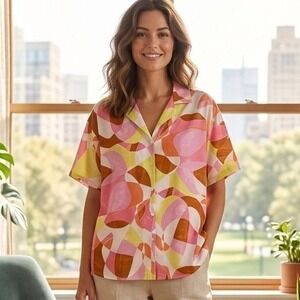 New Look Womens 2X Pink Orange Abstract Geometric Short Sleeve Button Up Retro